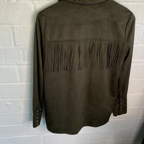 Zara Faux Suede Green Fringe Button Down Lightweight Jacket Shirt sz XS - Picture 8 of 9